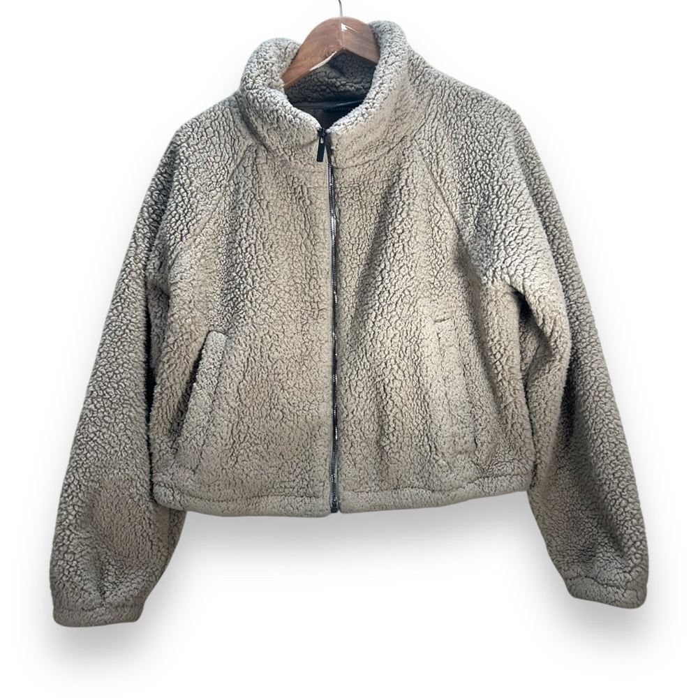 Women’s BYLT Basics Tan Teddy Sherpa Cropped Zip Up Jacket Size Large